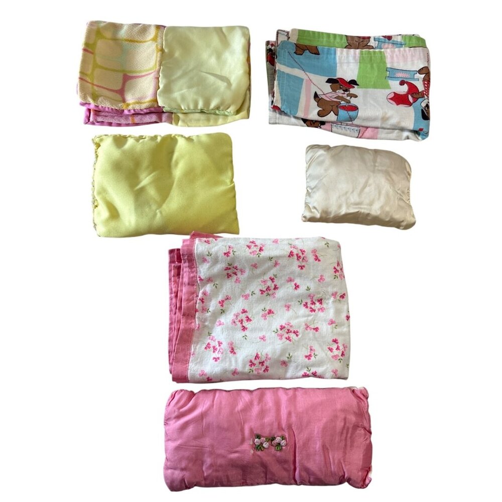 3 Vintage Doll Quilt Blanket and Pillow Sets Floral Cartoon & Soft Pastel Colors